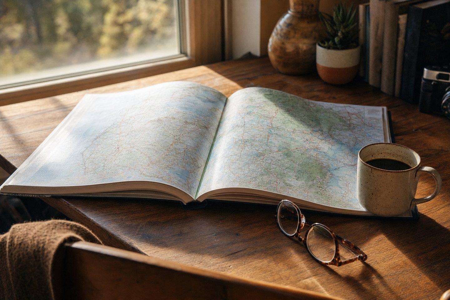A cozy travel-planning desk with an open road atlas and a cup of coffee in warm morning light (AI-generated image)