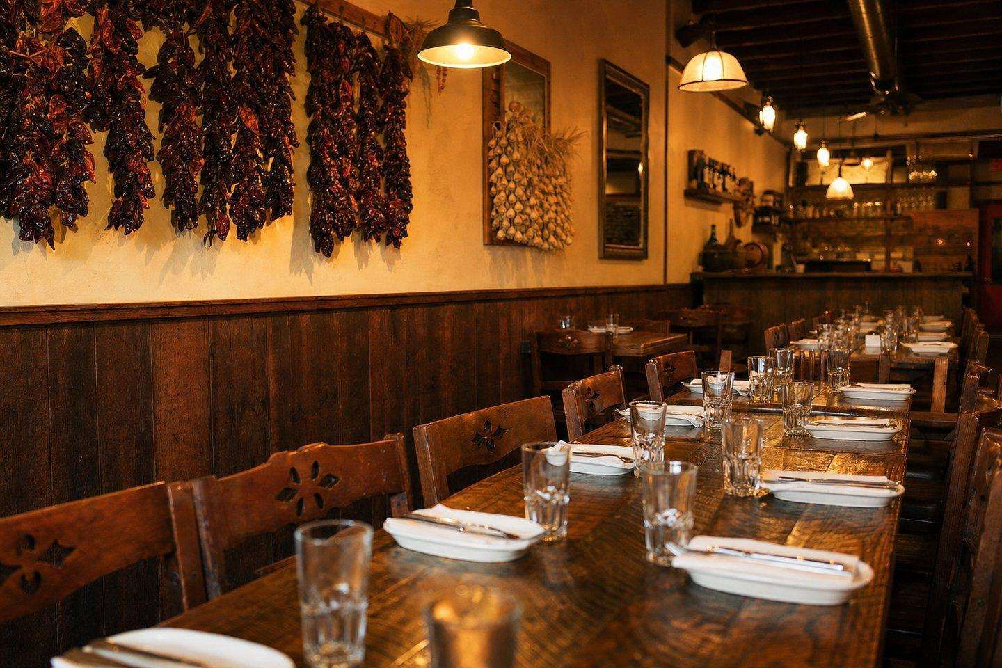A warm Basque-style restaurant dining room with communal wooden tables (AI-generated image)