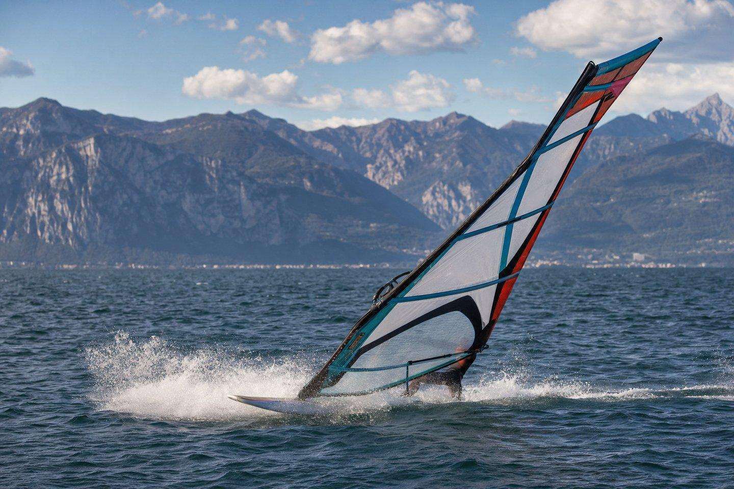 A colorful windsurfing sail cutting across open lake water on a breezy afternoon