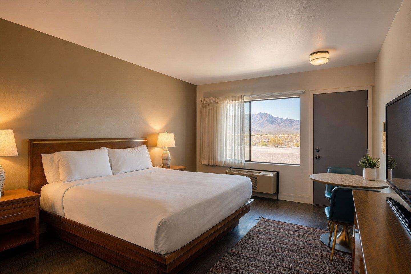A clean, simple motel room interior with warm lamp light (AI-generated image)
