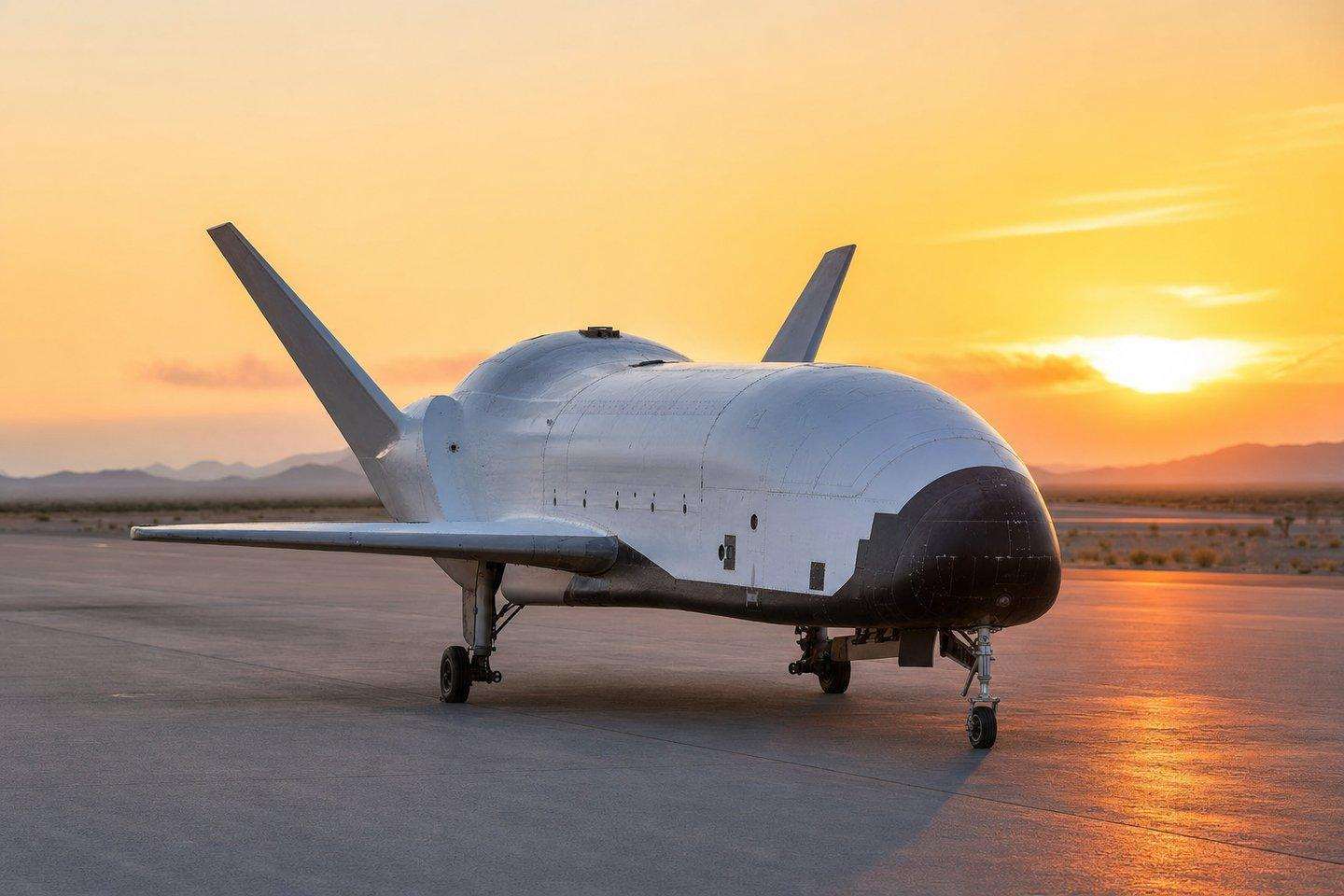A small experimental spaceplane on a desert airport runway at sunrise