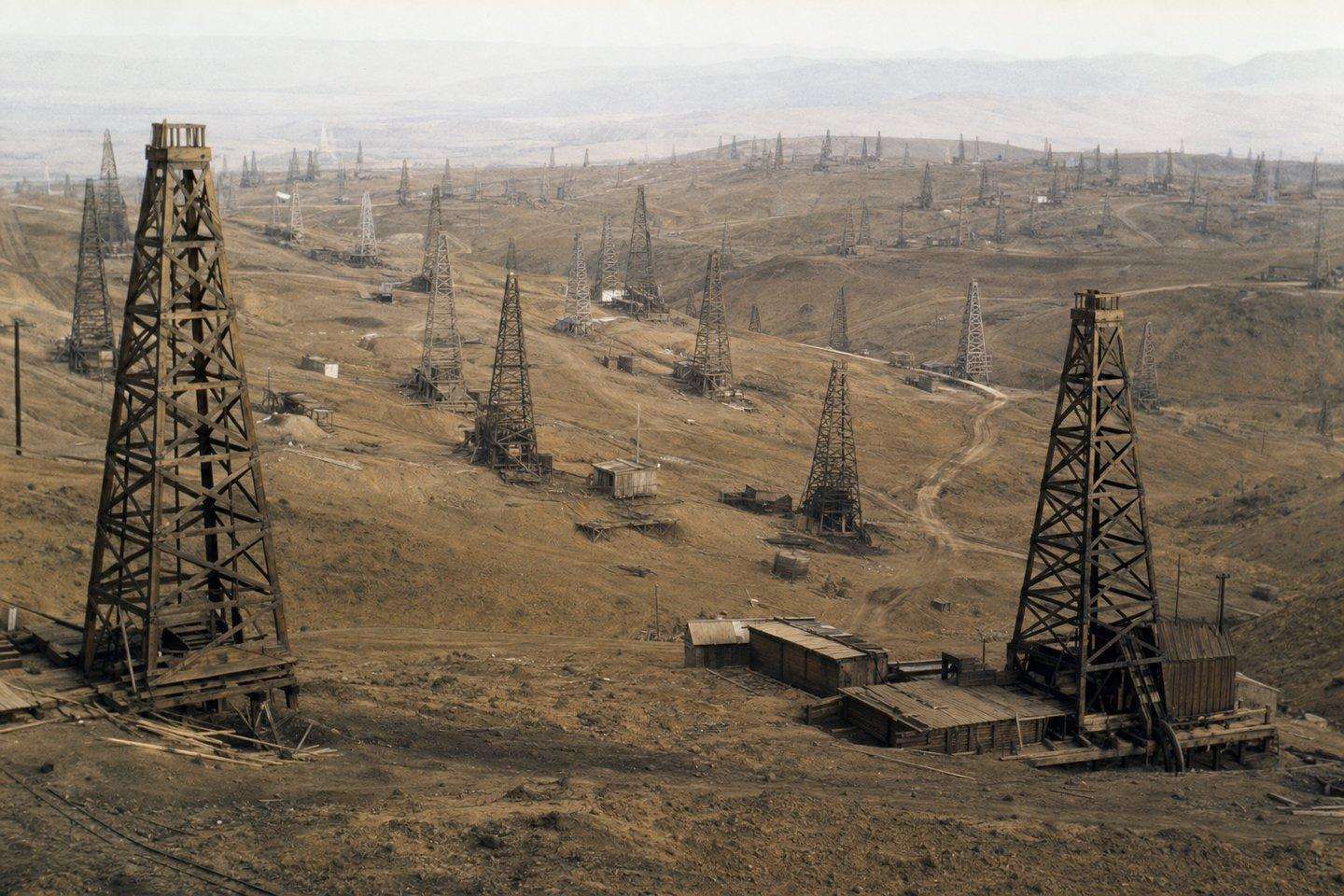 Wooden oil derricks across the rolling hills of the Midway-Sunset Oil Field