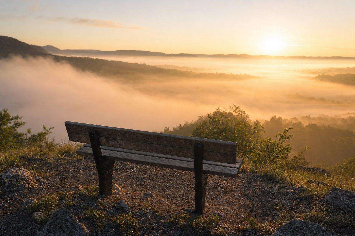 A quiet, secluded overlook bench facing a wide valley view at dawn (AI-generated image)