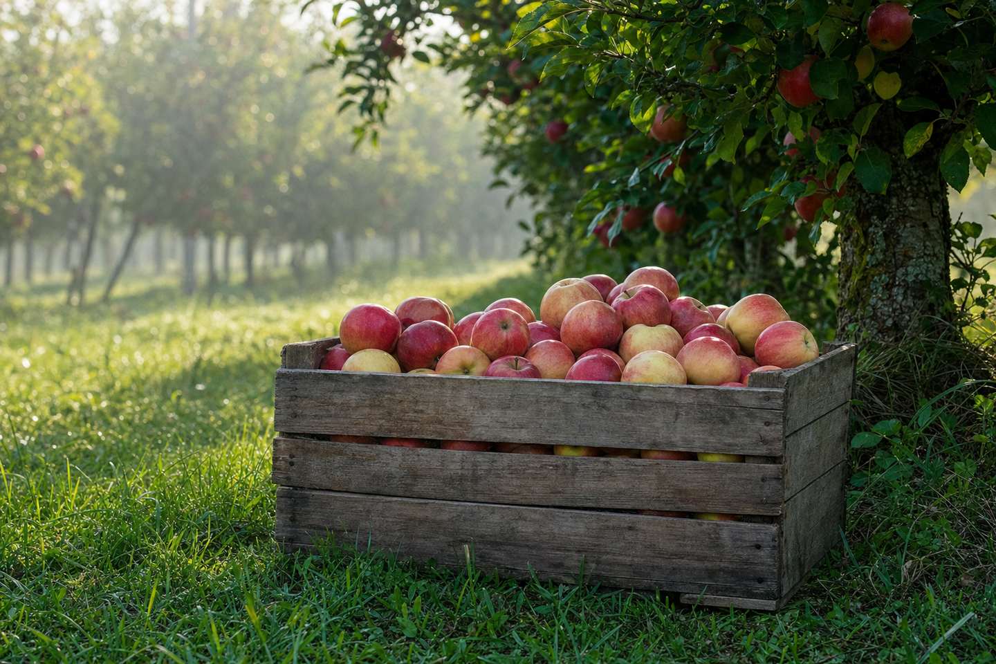 A wooden crate of freshly picked red and golden apples at the foot of an orchard tree