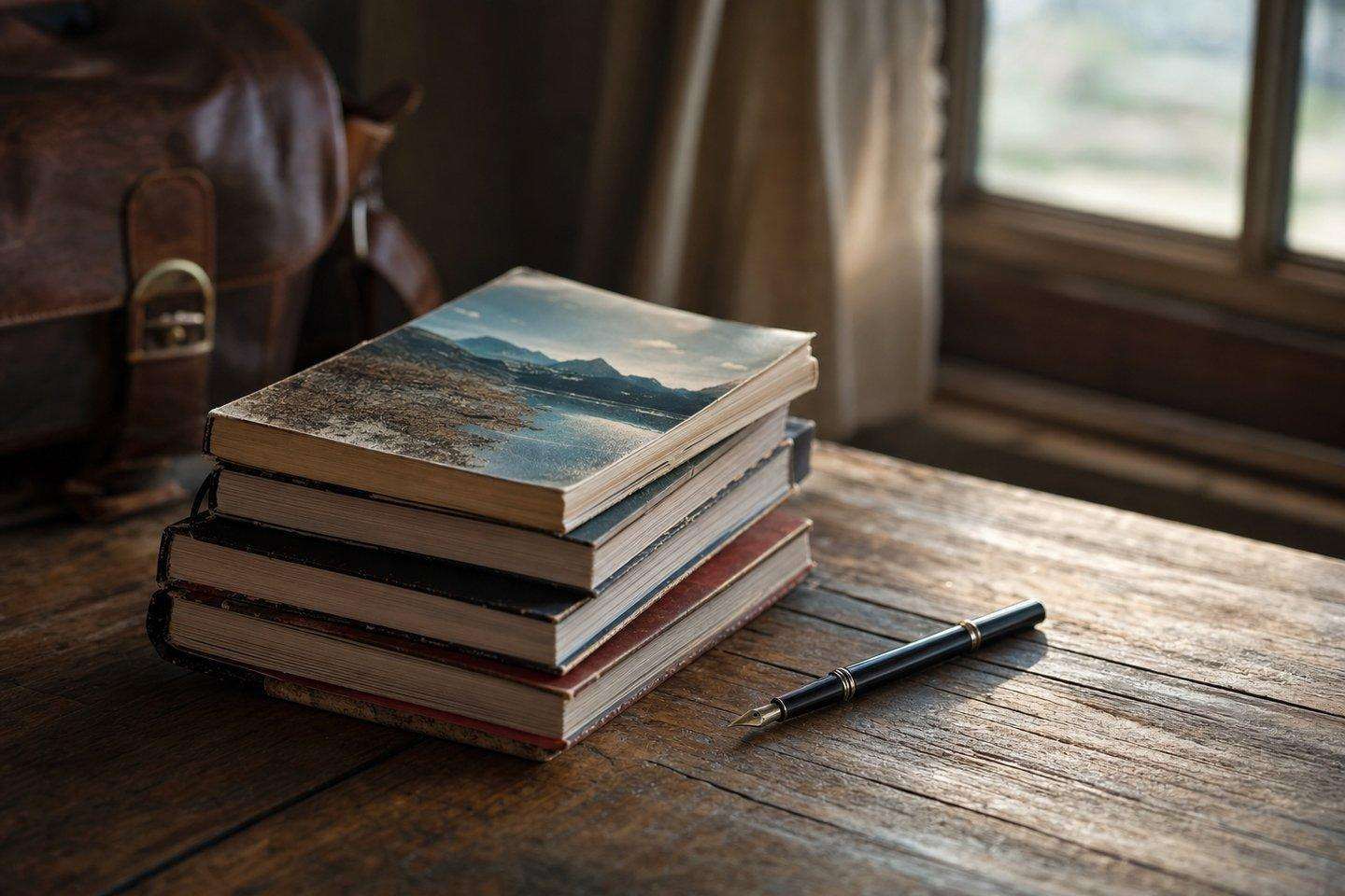 A small stack of well-worn travel guidebooks and a pen on a wooden table (AI-generated image)